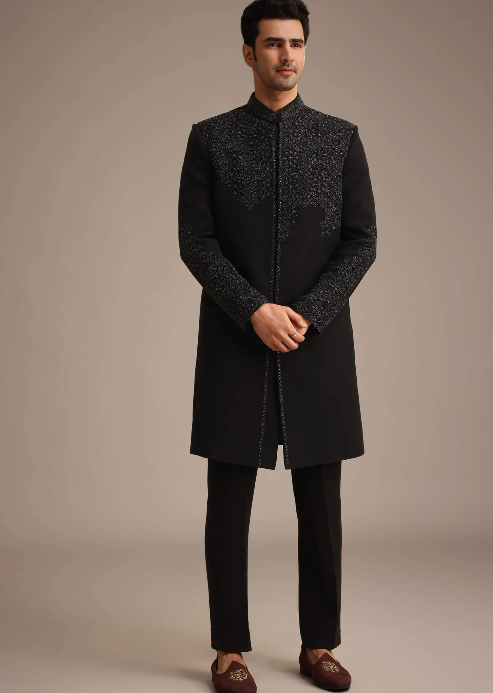Black Embroidered Indowestern Set With Cutdana Work