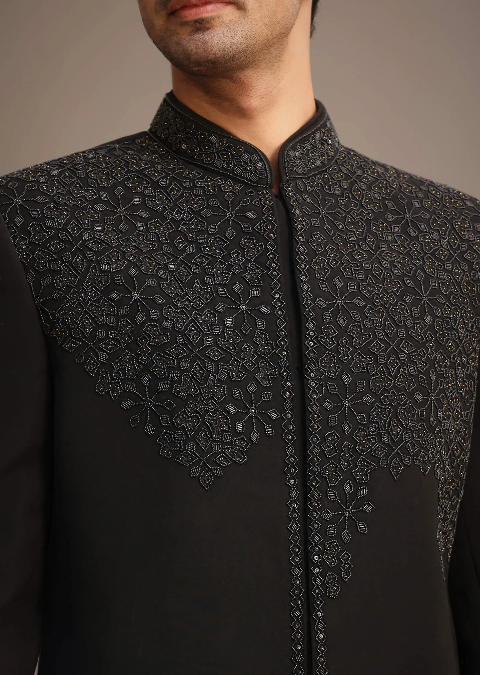 Black Embroidered Indowestern Set With Cutdana Work