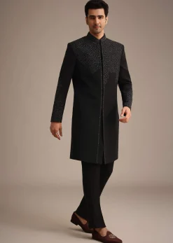 Black Embroidered Indowestern Set With Cutdana Work