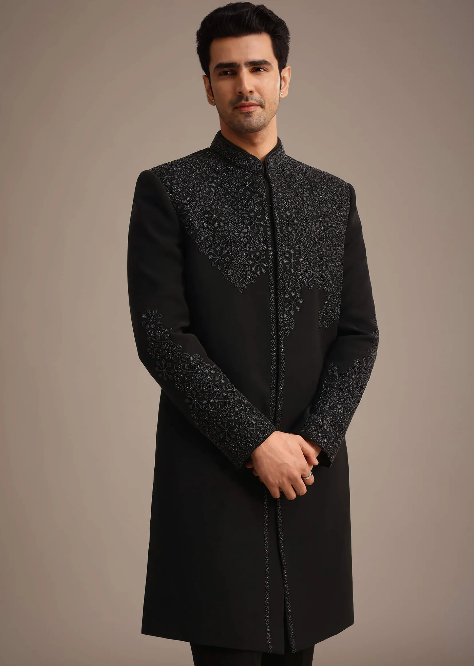 Black Embroidered Indowestern Set With Cutdana Work