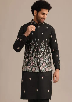 Black Embroidered Jacket Kurta Set In Linen Satin