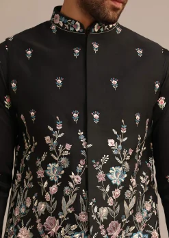 Black Embroidered Jacket Kurta Set In Linen Satin