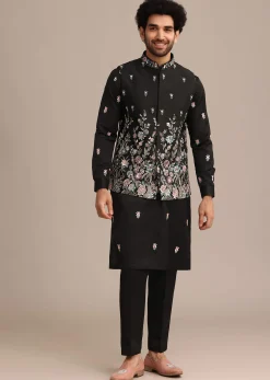 Black Embroidered Jacket Kurta Set In Linen Satin