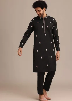 Black Embroidered Jacket Kurta Set In Linen Satin