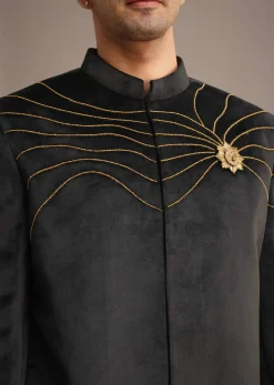 Black Embroidered Jodhpuri Set With Poth Work In Suede