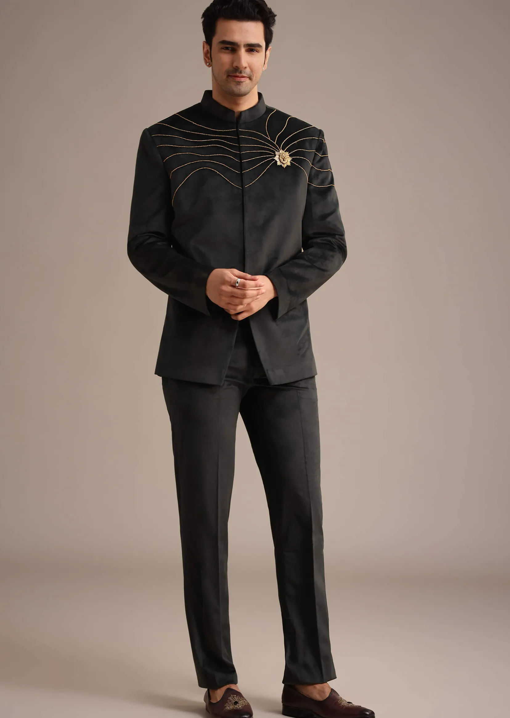 Black Embroidered Jodhpuri Set With Poth Work In Suede