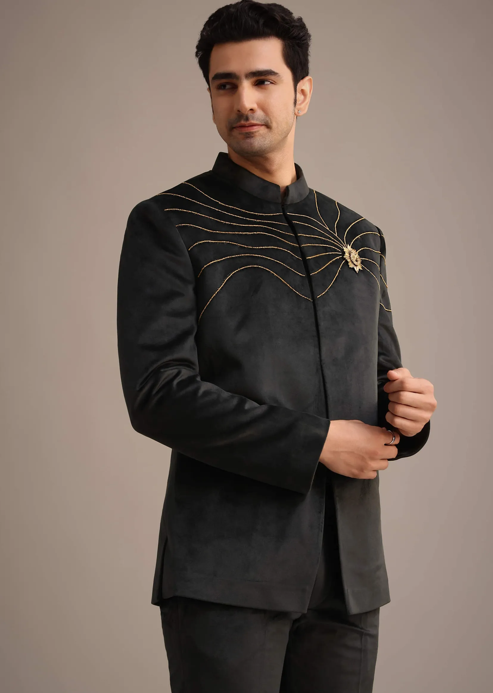 Black Embroidered Jodhpuri Set With Poth Work In Suede