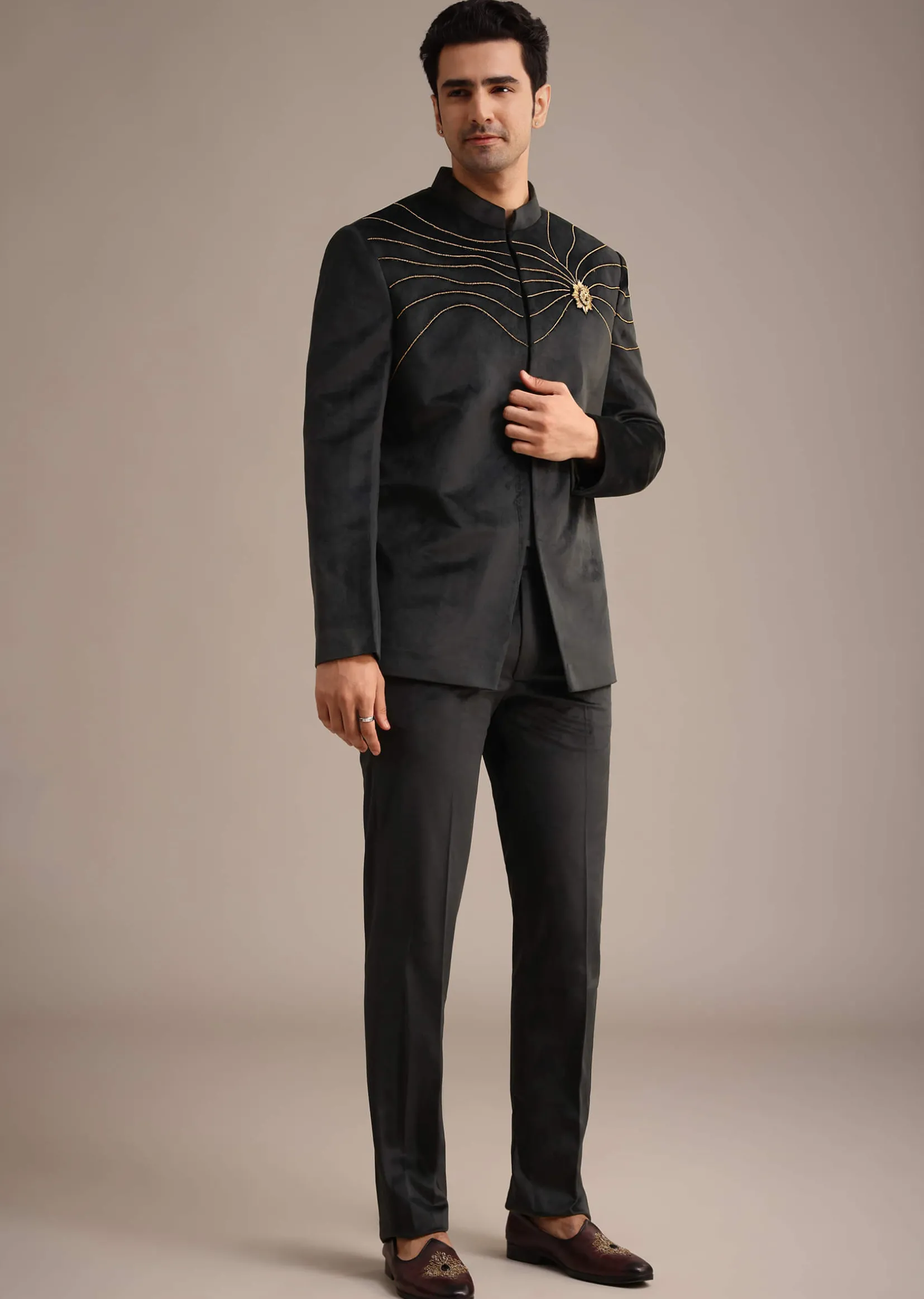 Black Embroidered Jodhpuri Set With Poth Work In Suede