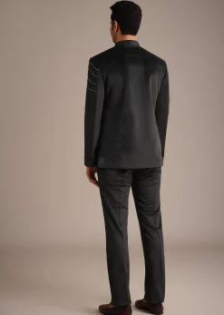 Black Embroidered Jodhpuri Set With Poth Work In Suede