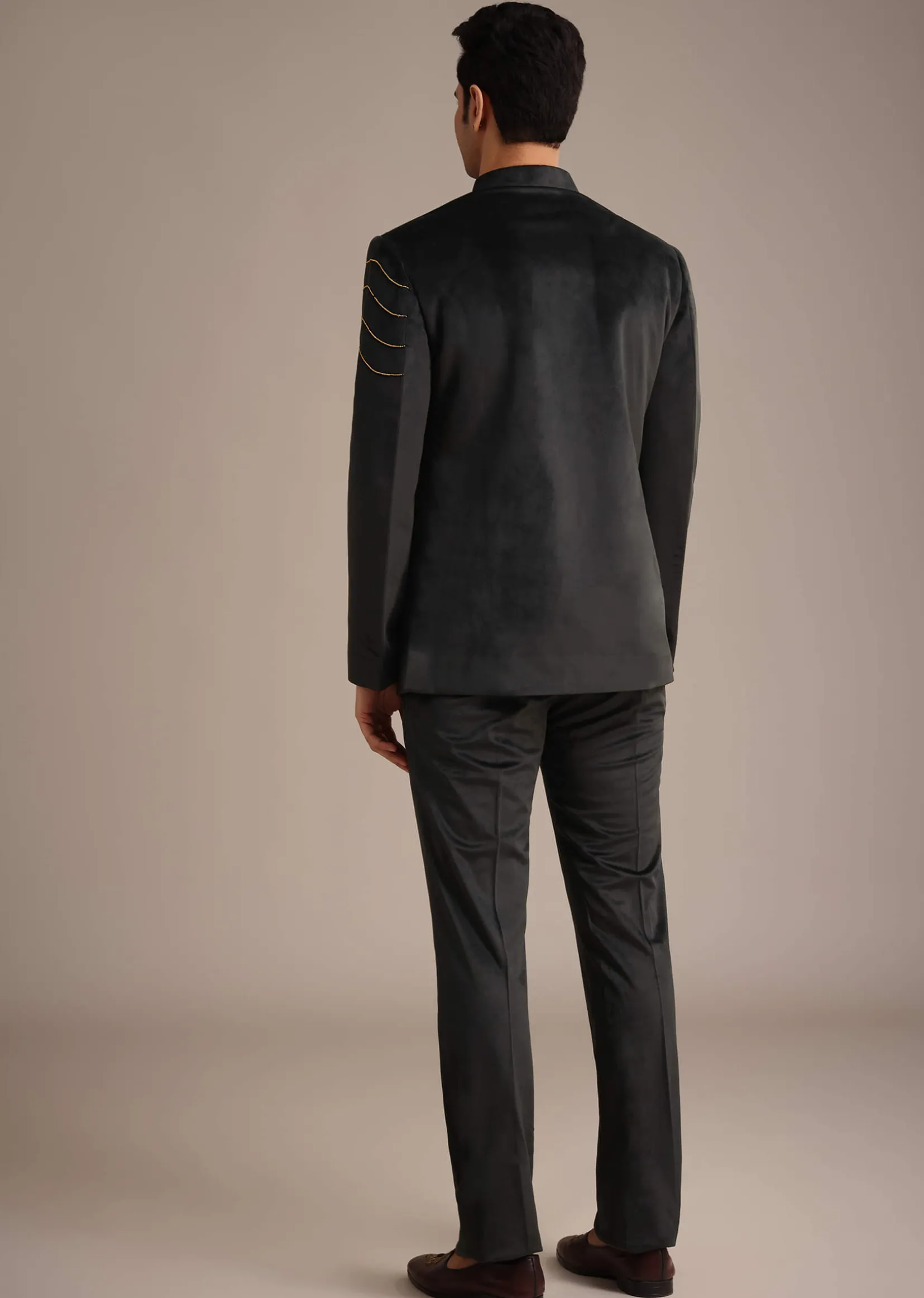 Black Embroidered Jodhpuri Set With Poth Work In Suede