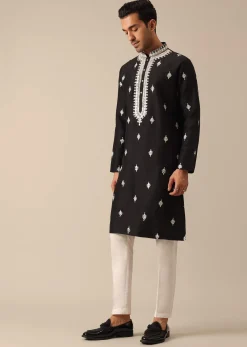 Black Embroidered Kurta Set In Silk