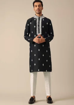 Black Embroidered Kurta Set In Silk
