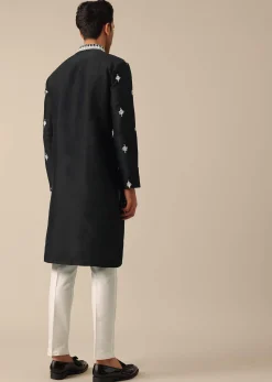 Black Embroidered Kurta Set In Silk