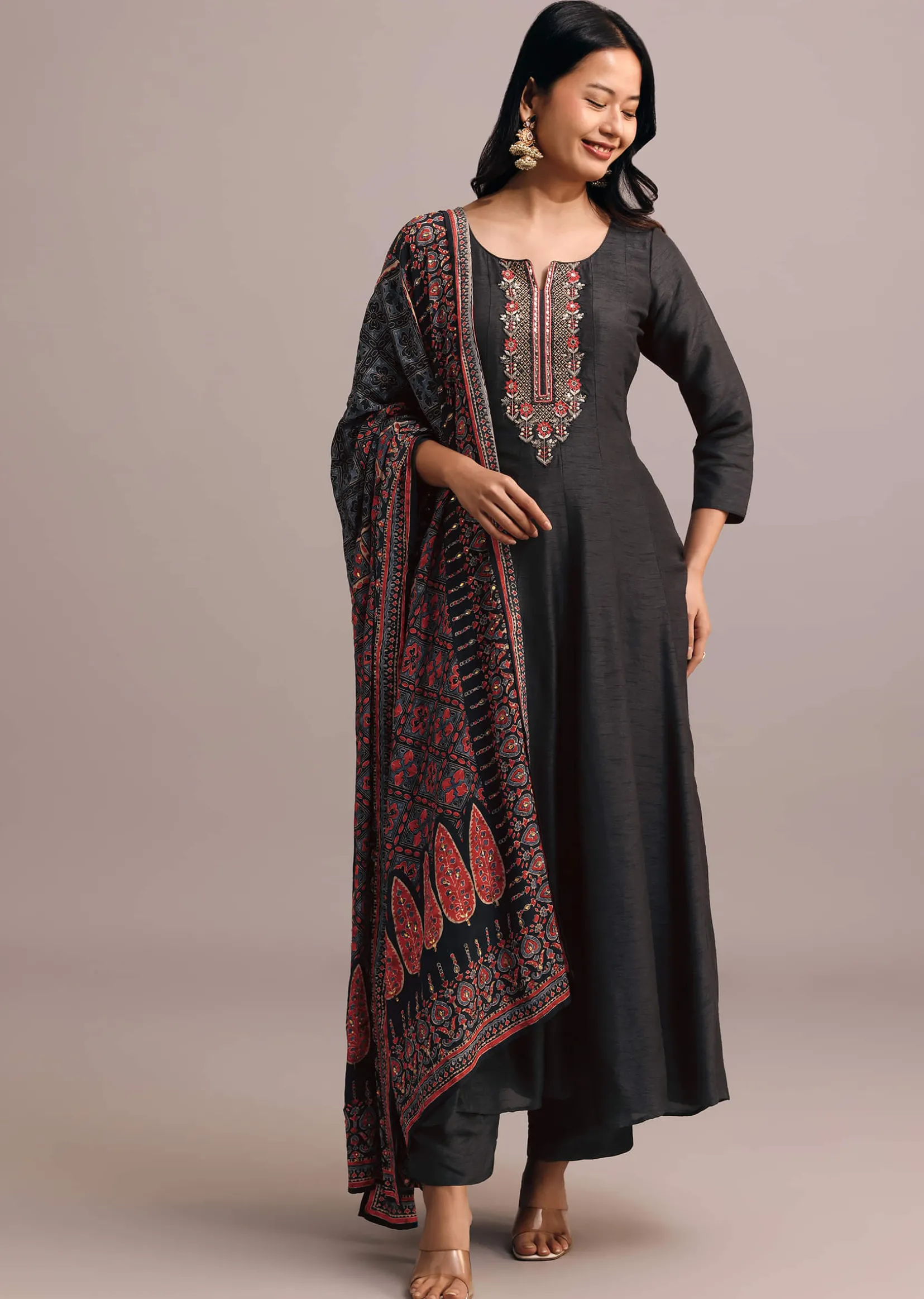 Black Embroidered Kurti Set With Modal Silk Ajrakh Printed Dupatta