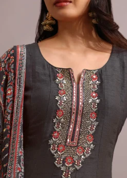Black Embroidered Kurti Set With Modal Silk Ajrakh Printed Dupatta