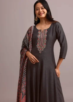 Black Embroidered Kurti Set With Modal Silk Ajrakh Printed Dupatta