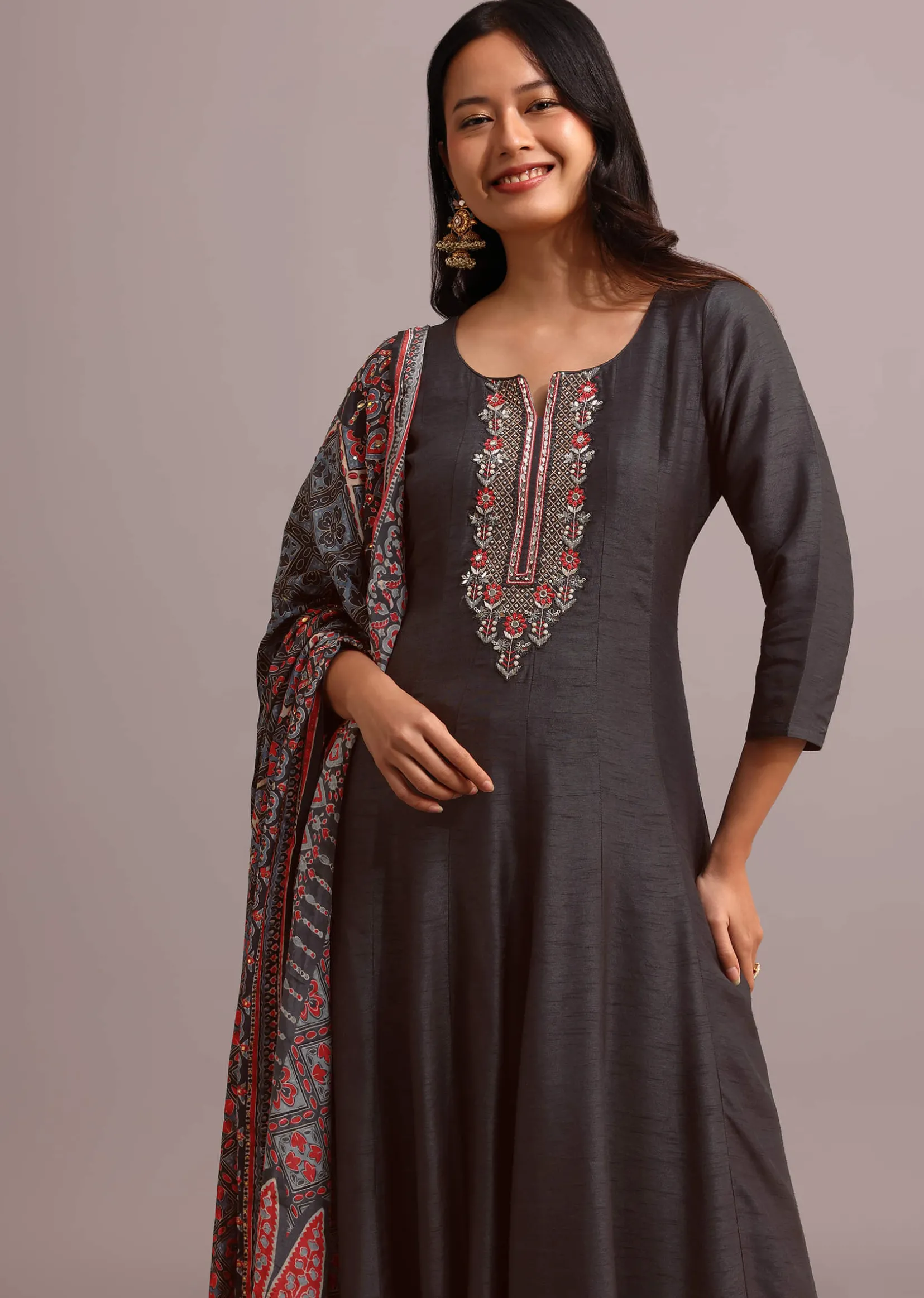 Black Embroidered Kurti Set With Modal Silk Ajrakh Printed Dupatta
