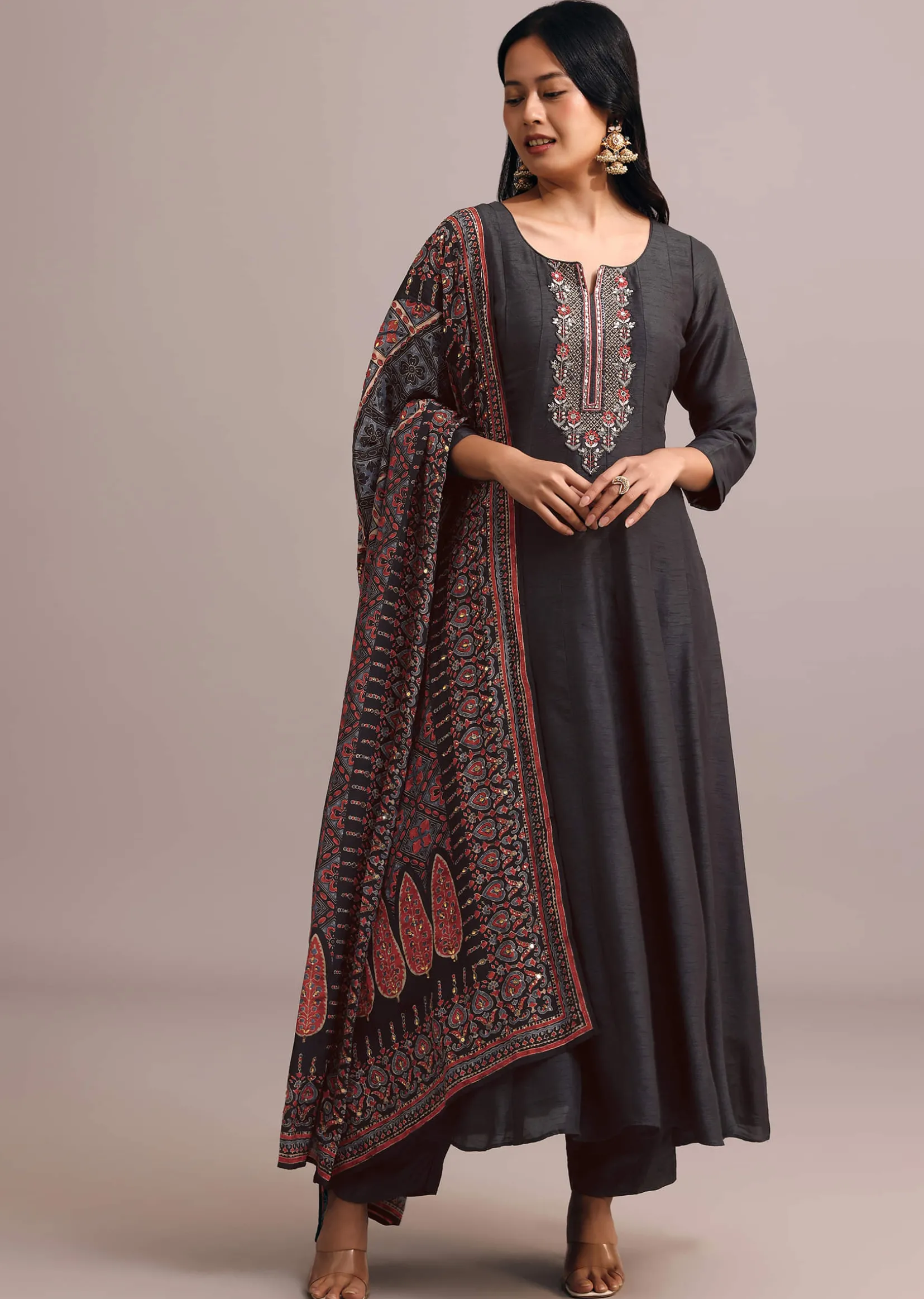 Black Embroidered Kurti Set With Modal Silk Ajrakh Printed Dupatta