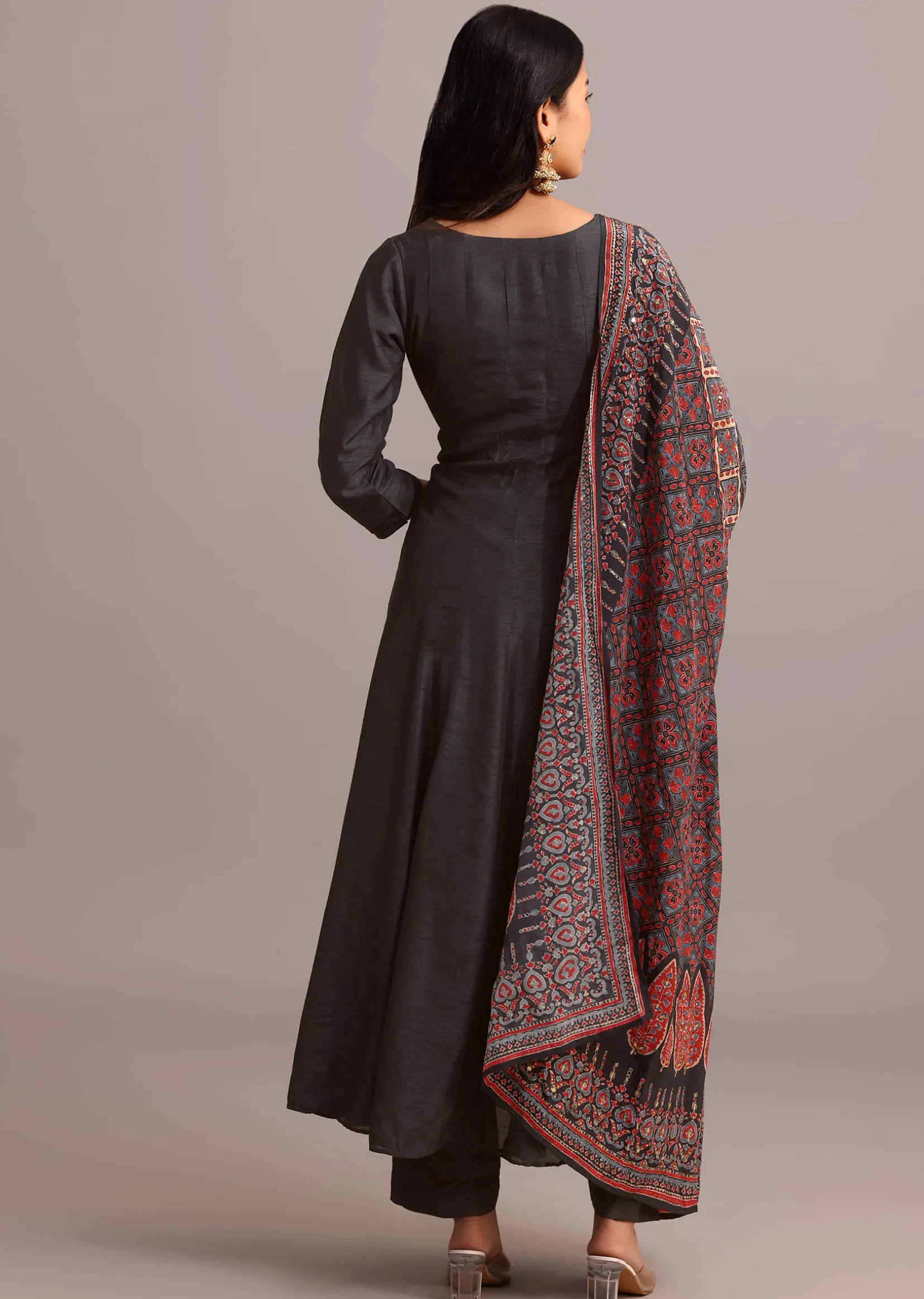 Black Embroidered Kurti Set With Modal Silk Ajrakh Printed Dupatta