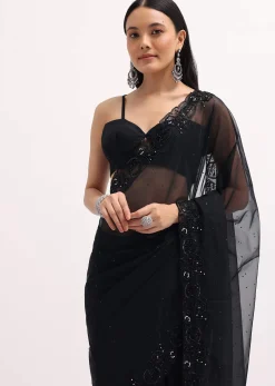 Black Embroidered Organza Saree With Unstitched Blouse