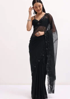 Black Embroidered Organza Saree With Unstitched Blouse