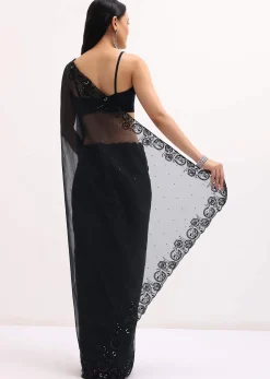Black Embroidered Organza Saree With Unstitched Blouse