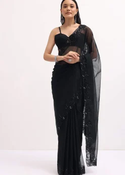 Black Embroidered Organza Saree With Unstitched Blouse