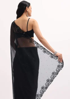 Black Embroidered Organza Saree With Unstitched Blouse