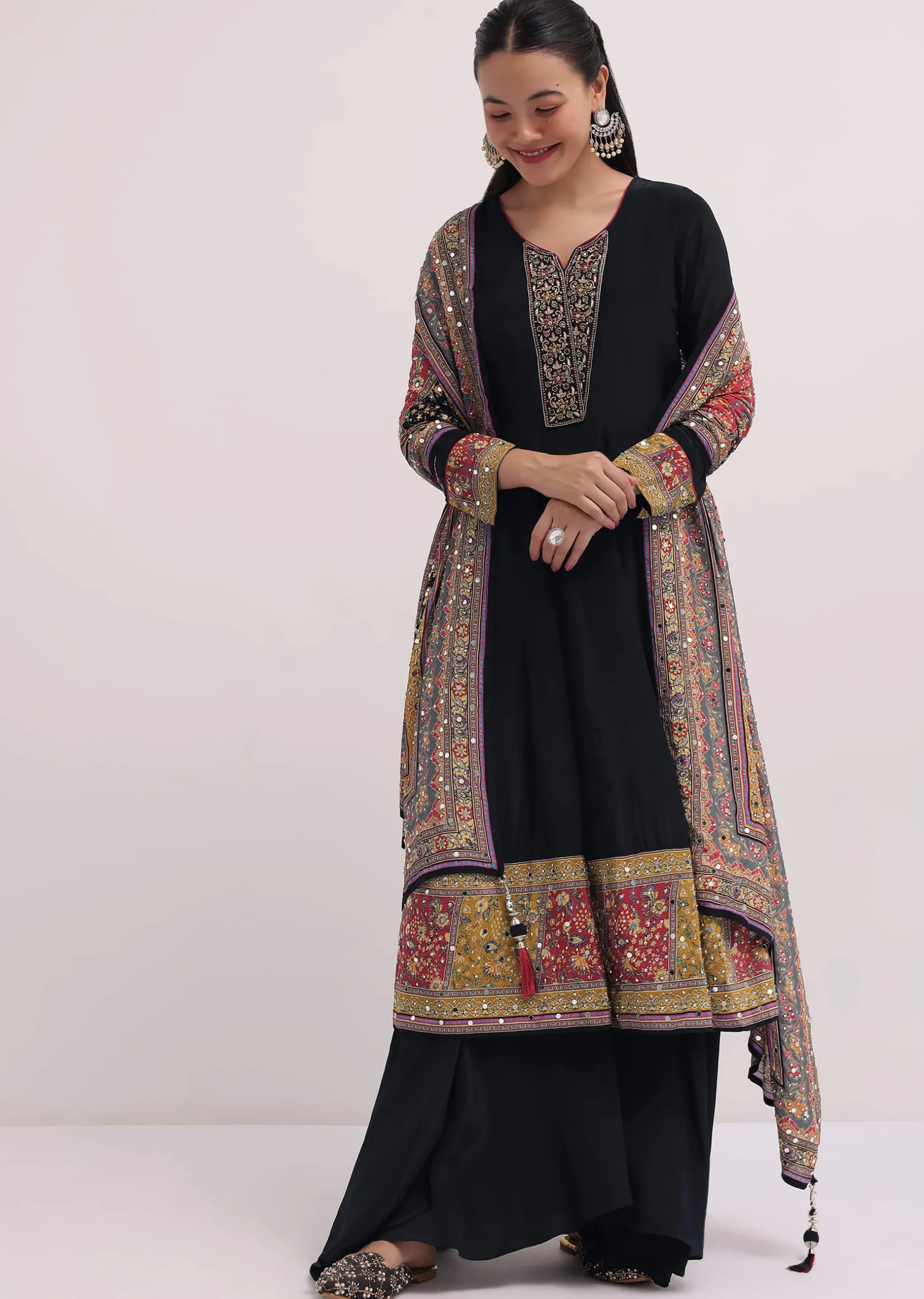 Black Embroidered Satin Kurta Palazzo Set