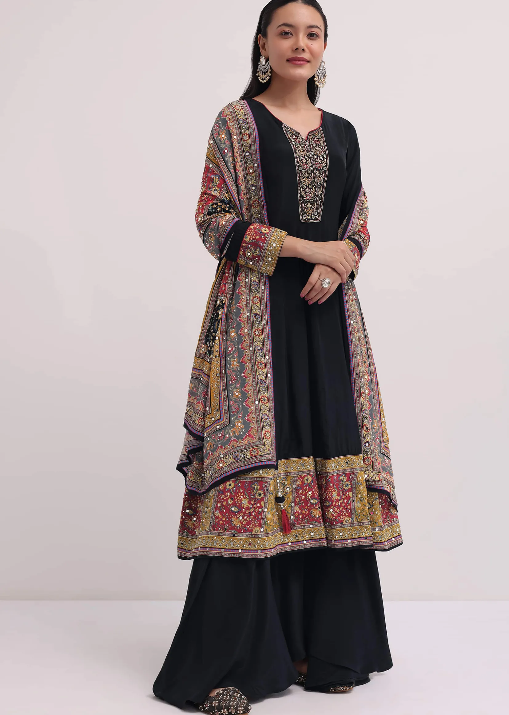 Black Embroidered Satin Kurta Palazzo Set