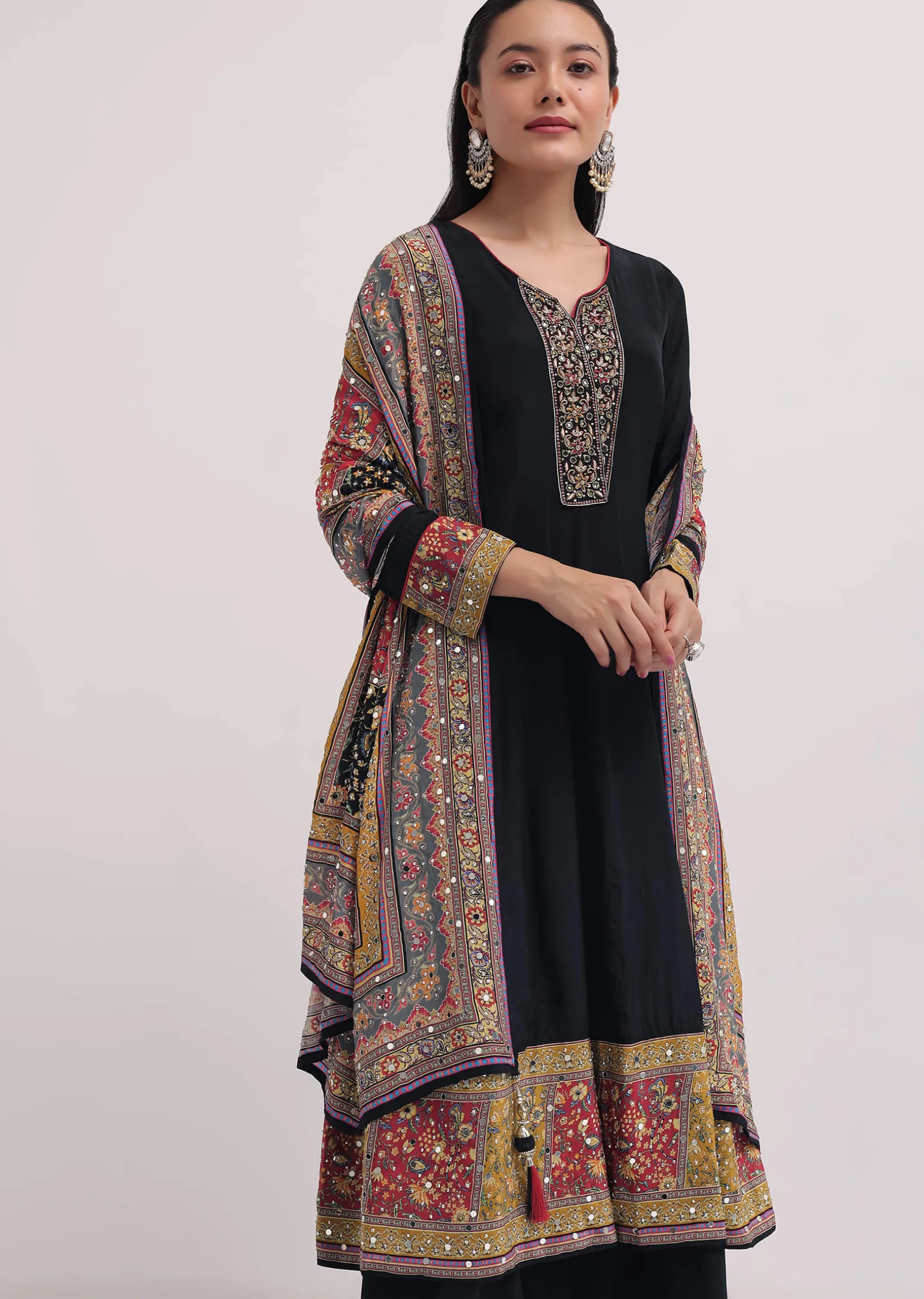 Black Embroidered Satin Kurta Palazzo Set