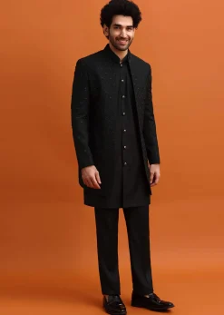 Black Embroidered Sherwani Suit With Cutdana Work