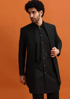 Black Embroidered Sherwani Suit With Cutdana Work