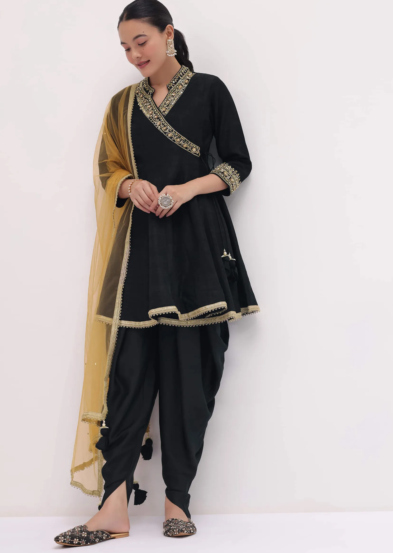 Black Embroidered Tussar Kurta Dhoti Set