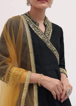 Black Embroidered Tussar Kurta Dhoti Set