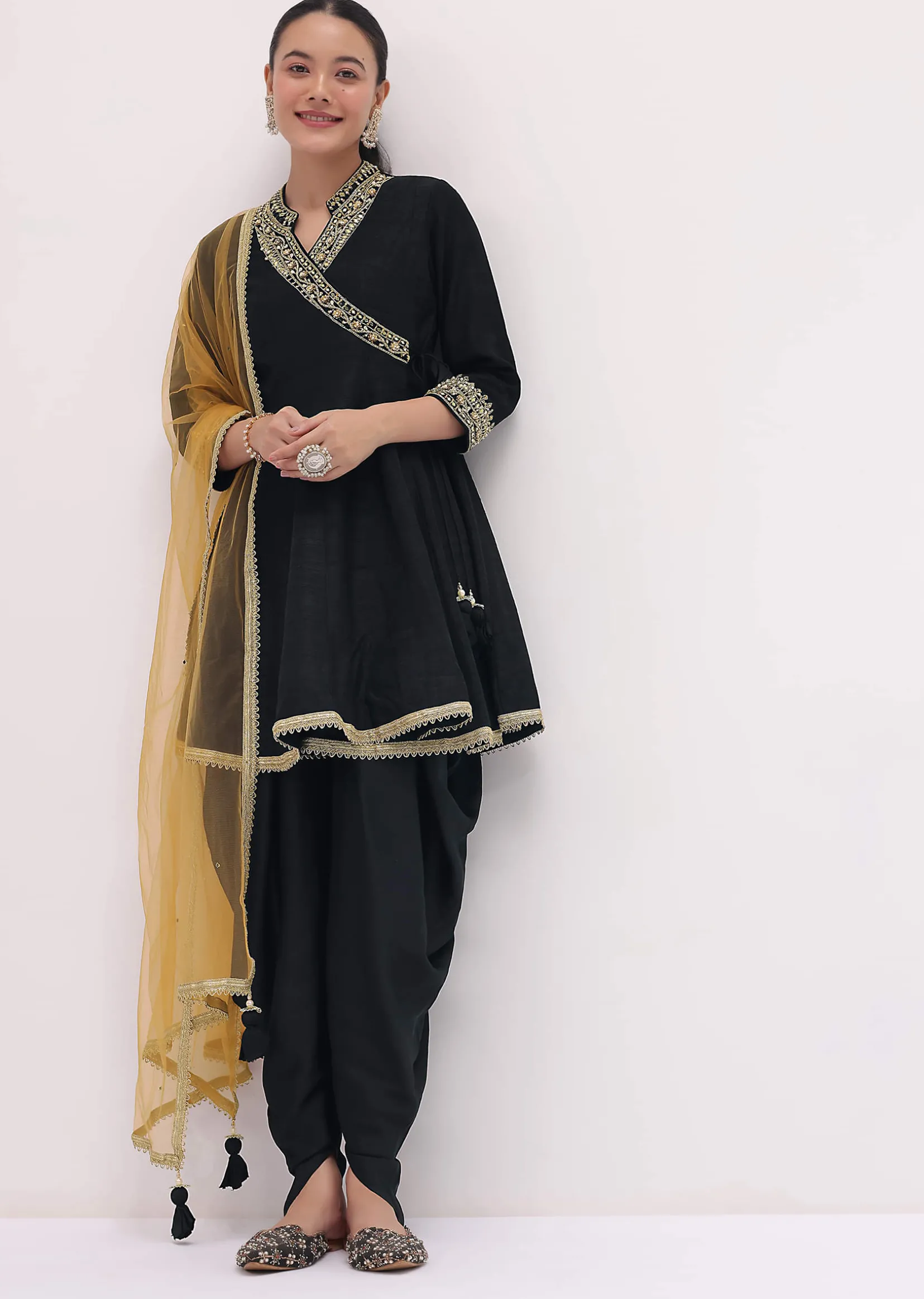 Black Embroidered Tussar Kurta Dhoti Set