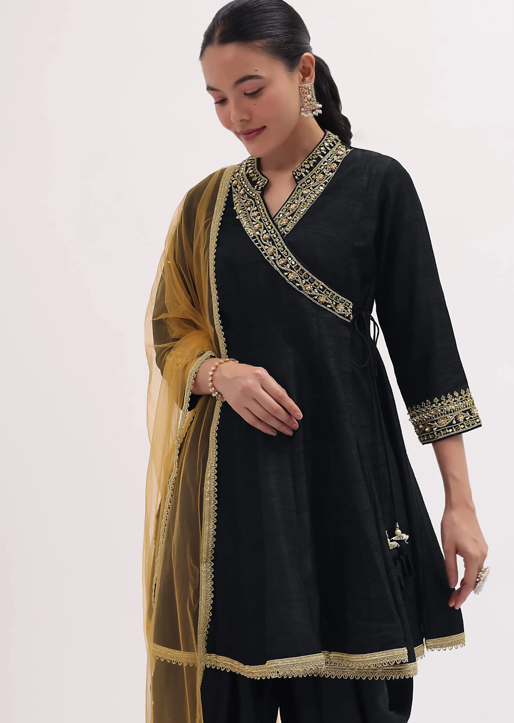 Black Embroidered Tussar Kurta Dhoti Set