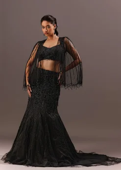 Black Embroidery Fish Cut Lehenga With Embroidered Blouse And Cape