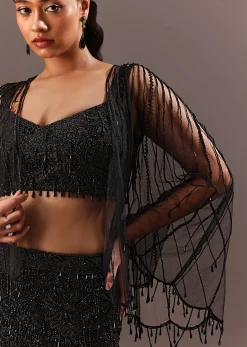 Black Embroidery Fish Cut Lehenga With Embroidered Blouse And Cape