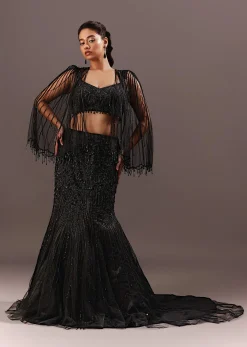 Black Embroidery Fish Cut Lehenga With Embroidered Blouse And Cape