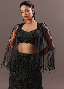 Black Embroidery Fish Cut Lehenga With Embroidered Blouse And Cape