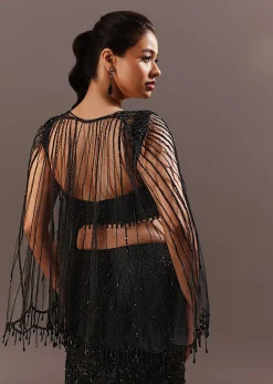 Black Embroidery Fish Cut Lehenga With Embroidered Blouse And Cape