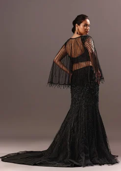 Black Embroidery Fish Cut Lehenga With Embroidered Blouse And Cape