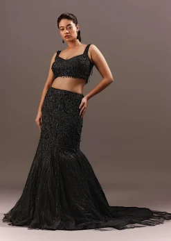 Black Embroidery Fish Cut Lehenga With Embroidered Blouse And Cape
