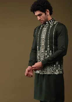 Black Festive Bandi Jacket Set In Silk With Threadwork And Embroidery