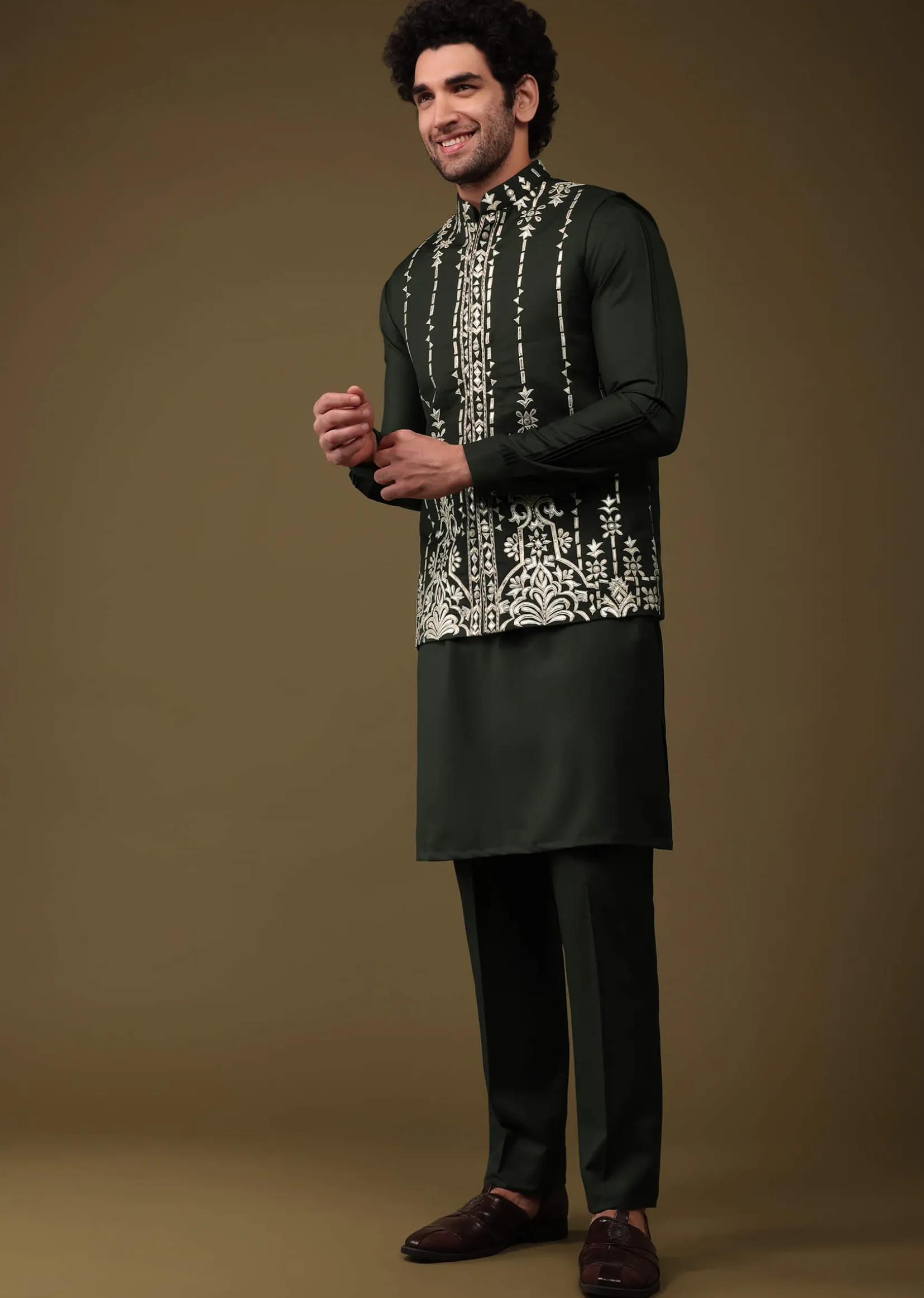 Black Festive Bandi Jacket Set In Silk With Threadwork And Embroidery