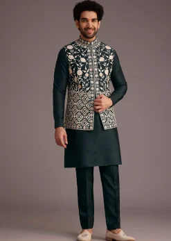 Black Floral Embroidered Jacket Kurta Set