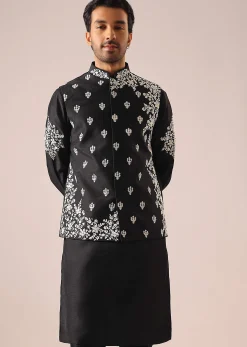 Black Floral Jacket And Kurta Set
