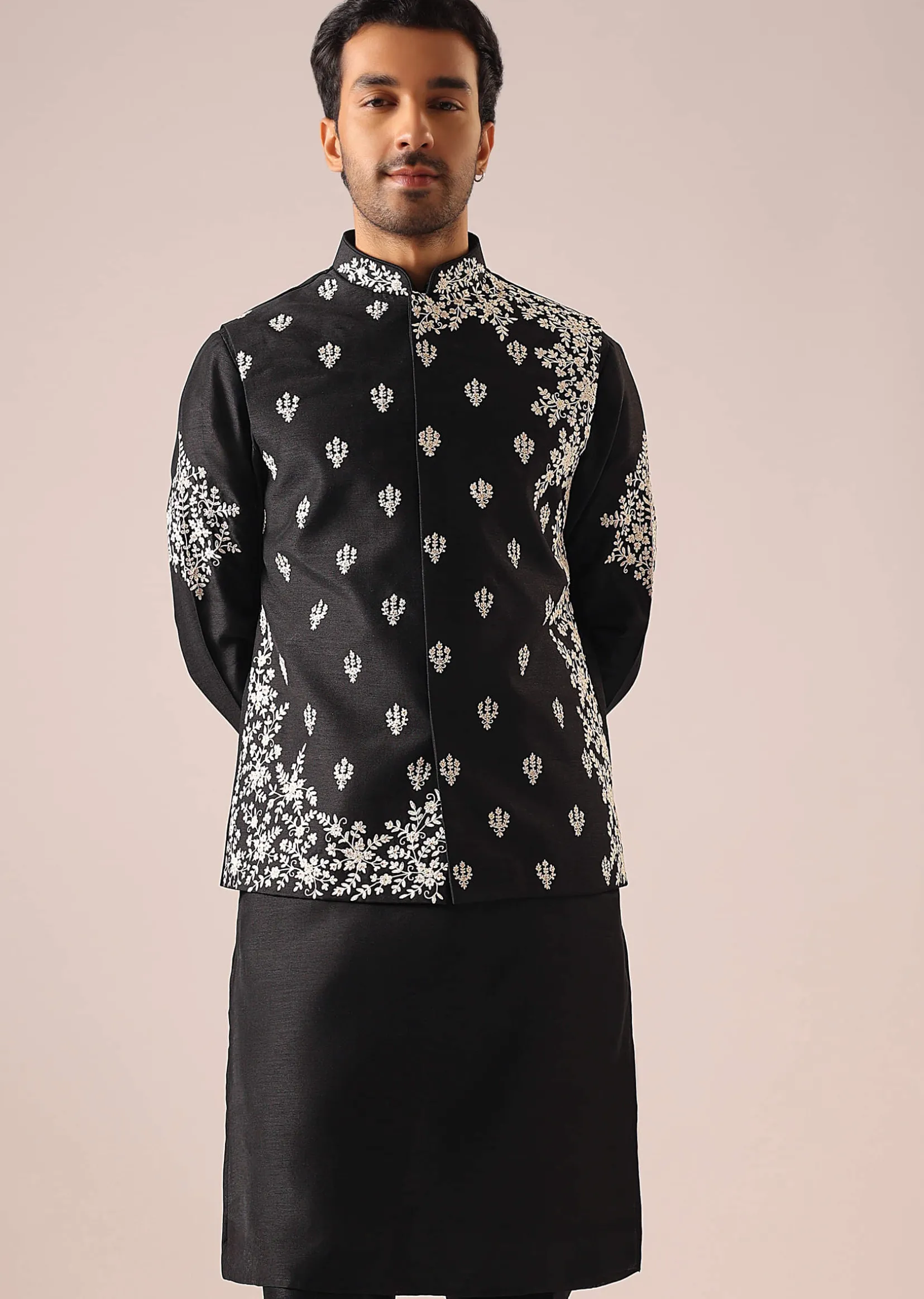 Black Floral Jacket And Kurta Set