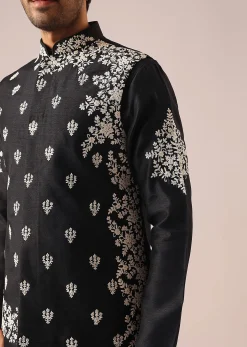 Black Floral Jacket And Kurta Set